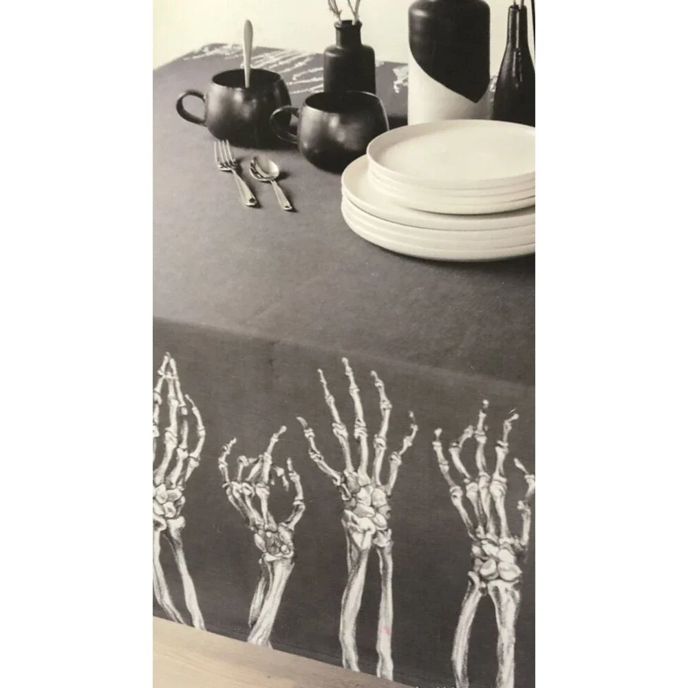 Halloween Tablecloth Fabric Fright Fest Skeleton Hands Border Black White 60x84